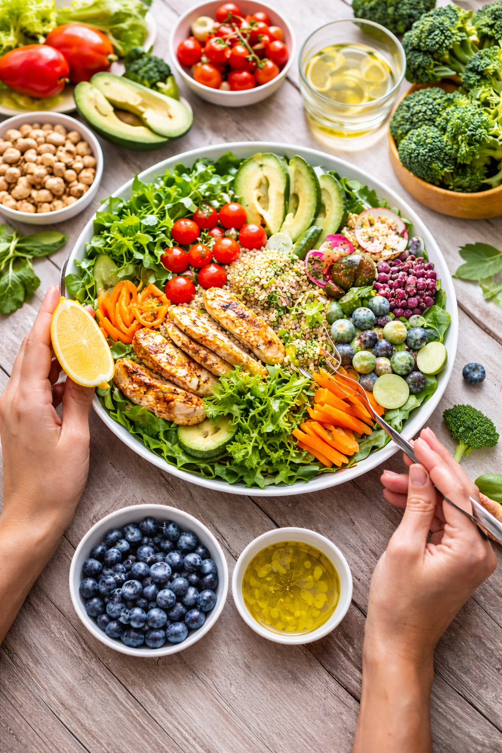 Bord met diverse groentes en fruit